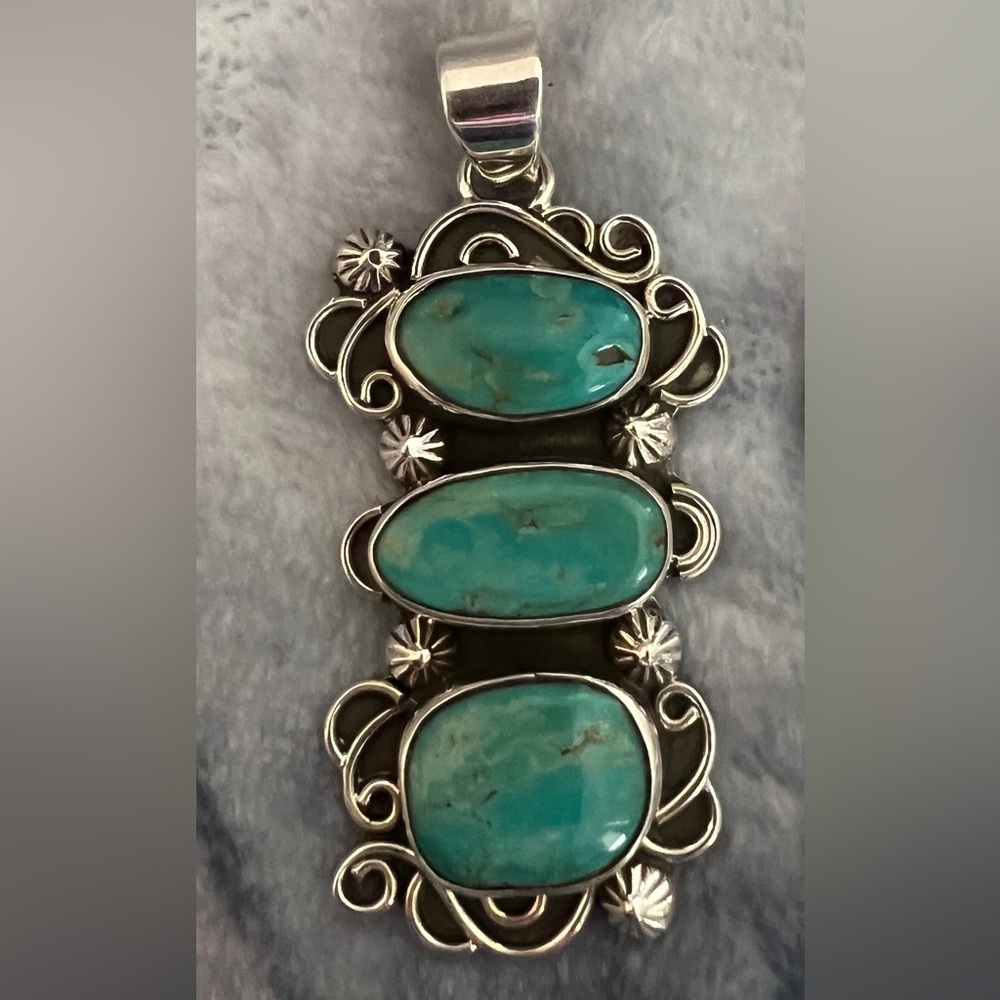 ❤️ Rare Morenci Turquoise Ststement Navajo Style 925 Pendant 2.36 x .97” 12.8gm